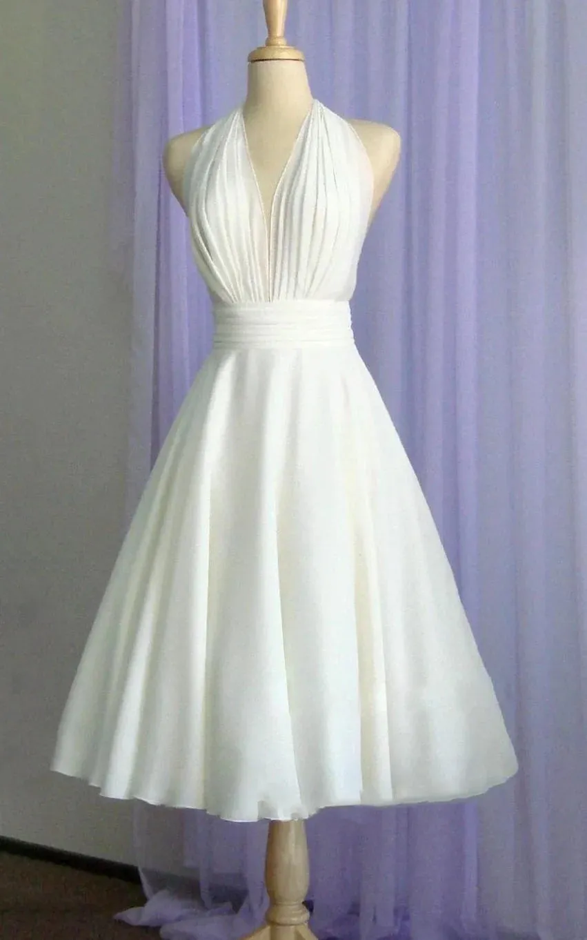 Sebella | Vintage Tea-Length Chiffon Wedding Dress With Halter Neck and Bow